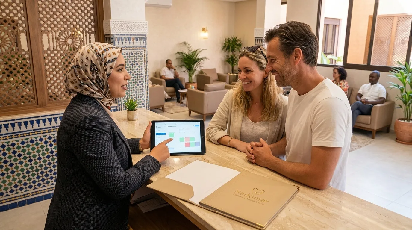 Professional dental clinic reception with multilingual staff explaining treatment plan to patient