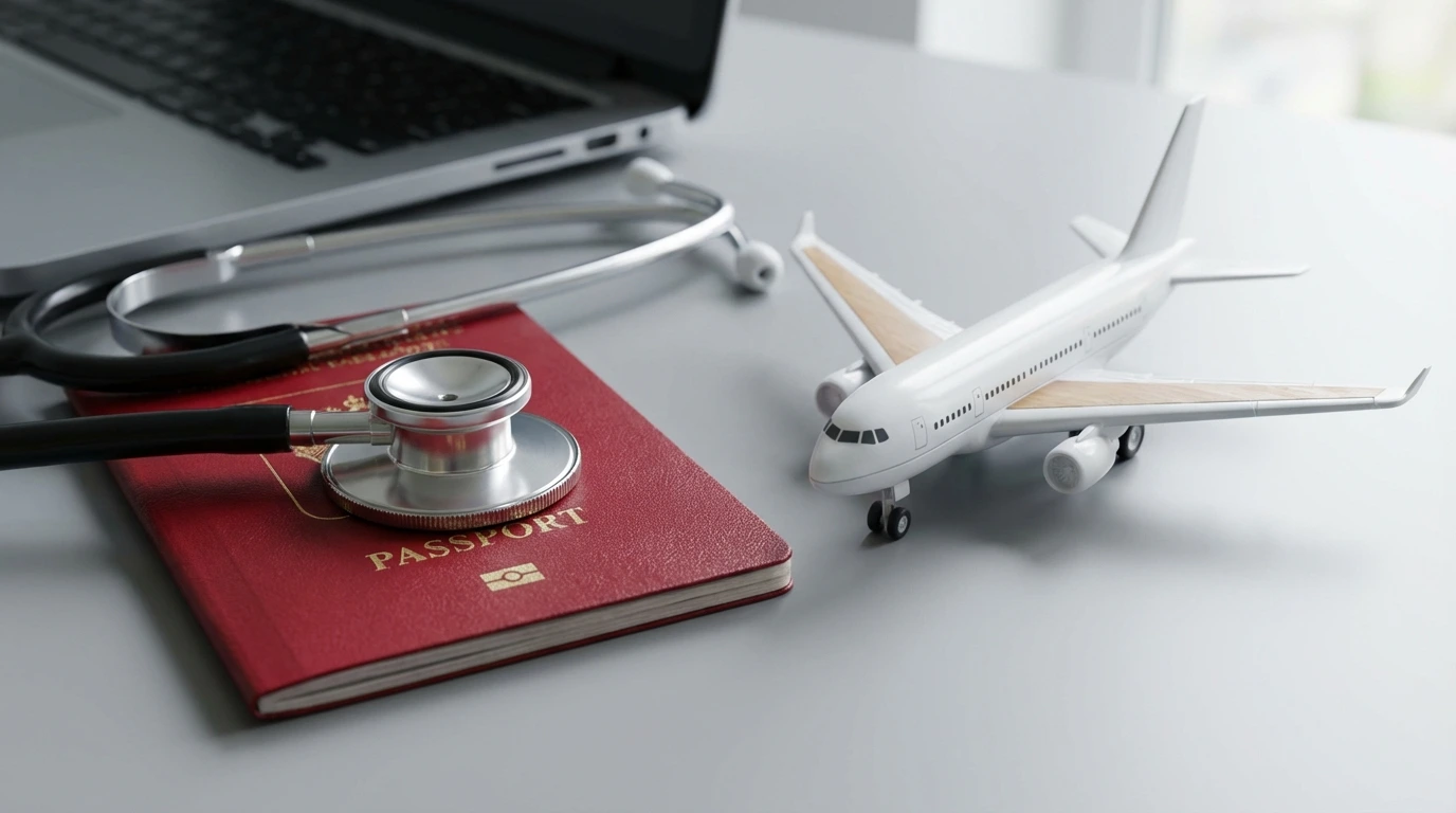 Medical Tourism - Stethoscope on passport with airplane model